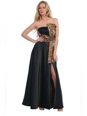 Star box Strapless Black Evening Gown with Leopard Accent Sz M